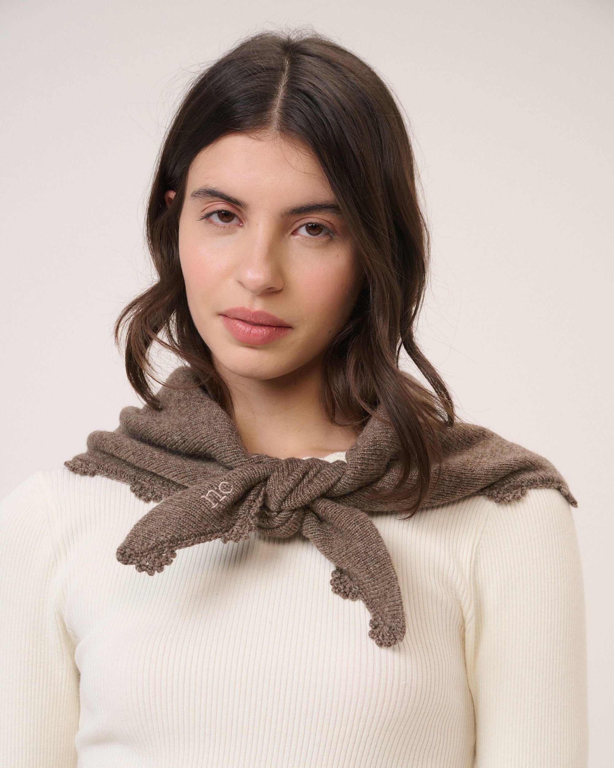 Crochet Triangle Scarf - Beige