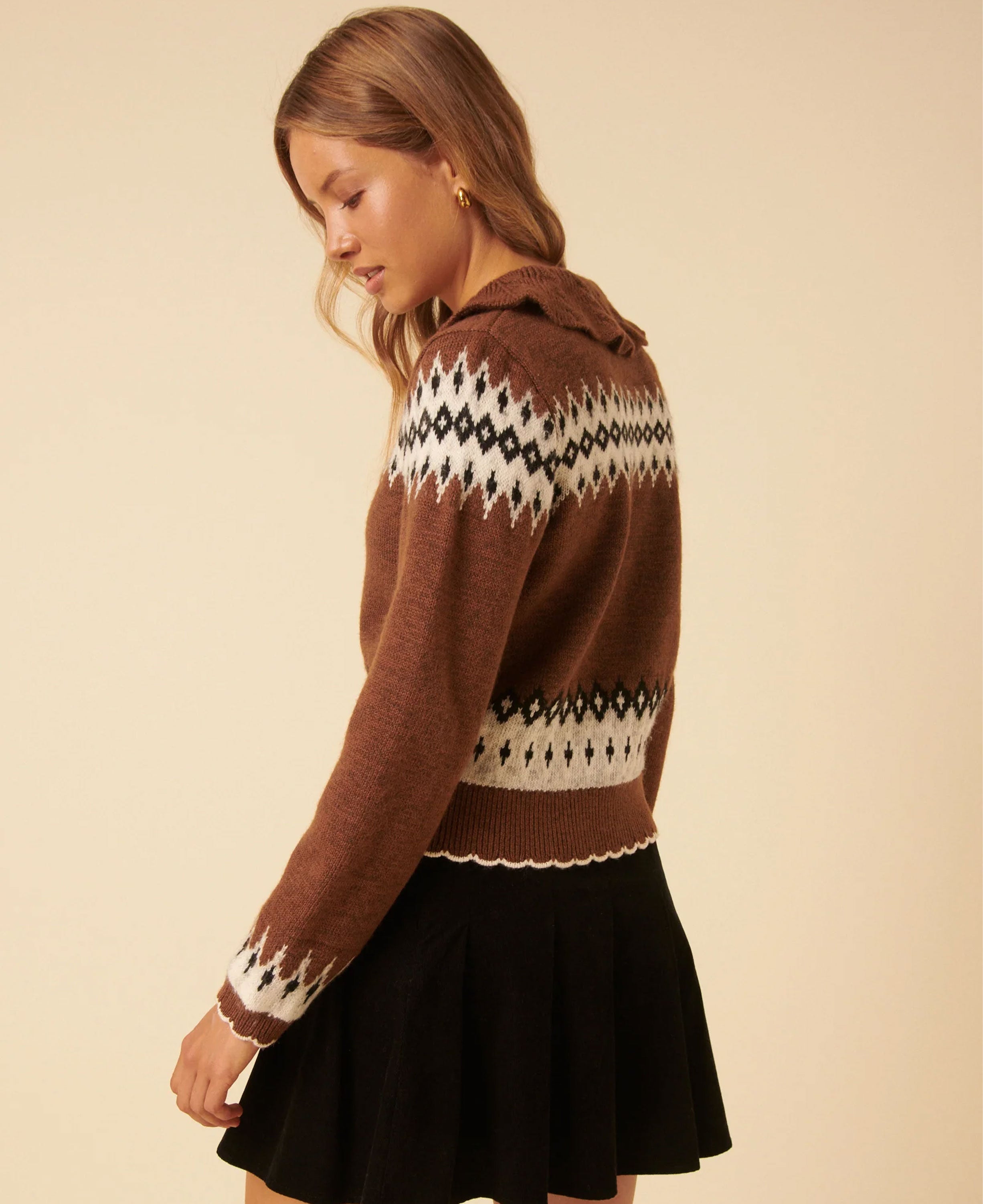 Fairisle Collared Cardigan - Brown