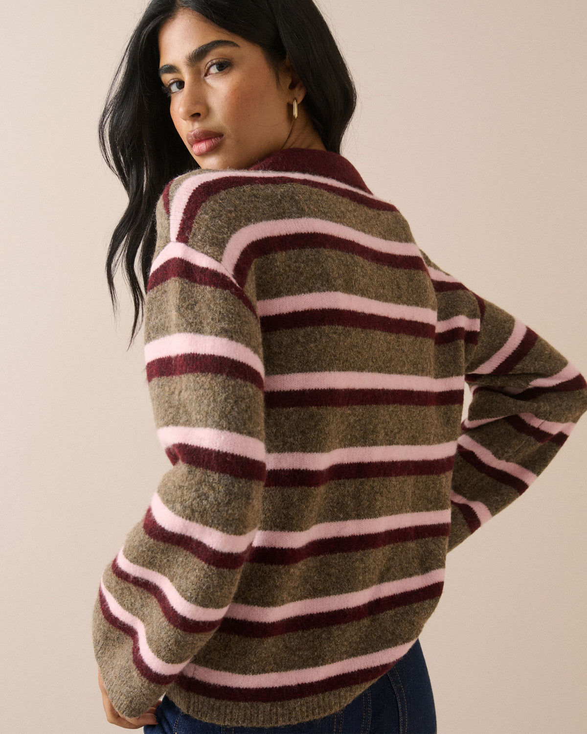 Striped V-Neck Collared Jumper - Multi
