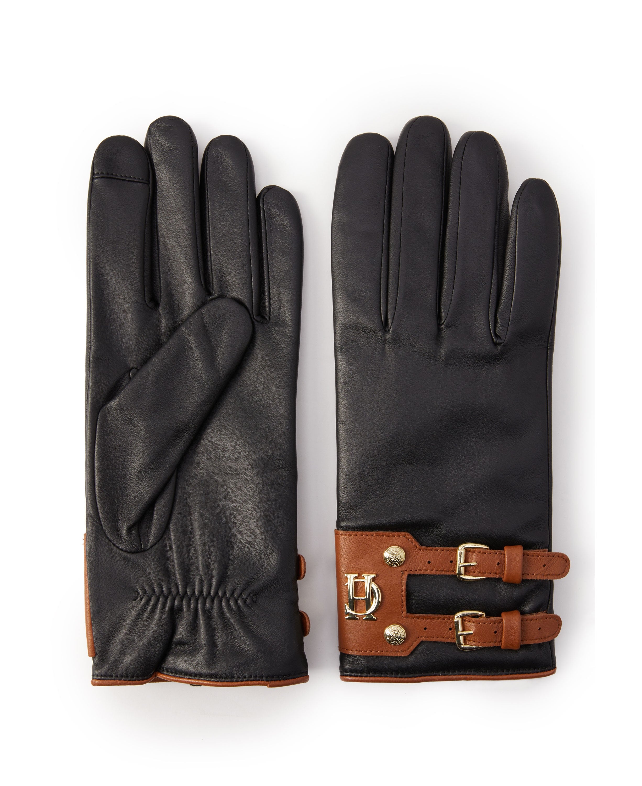 Contrast Leather Gloves Black Tan