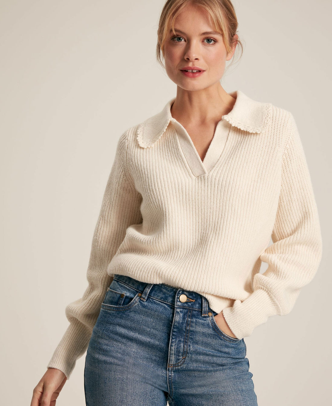 Evangeline Ribbed Jumper with Crochet Collar - Creme
