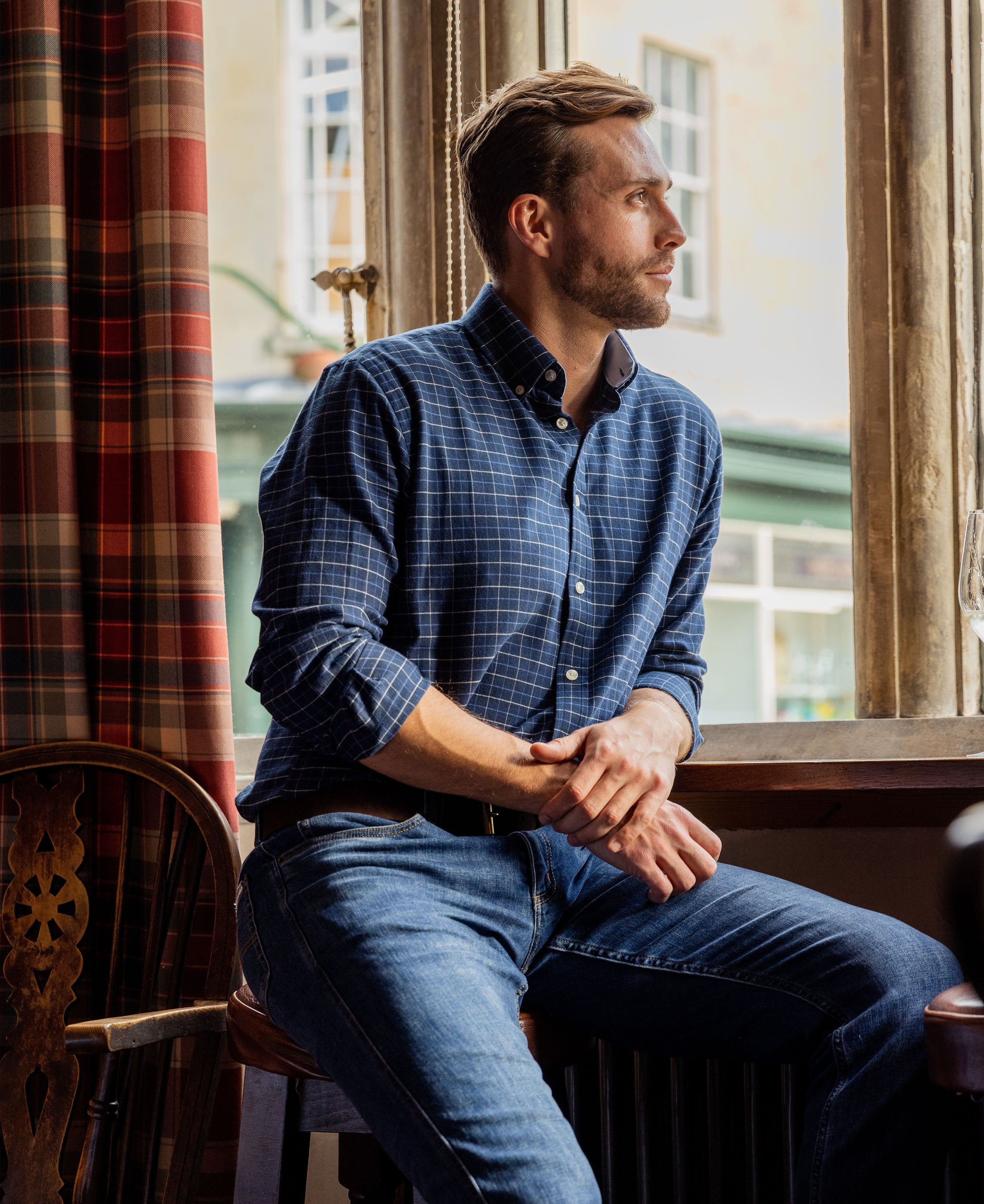 Aldeburgh Tailored Shirt - Dusky Blue/Oat Check