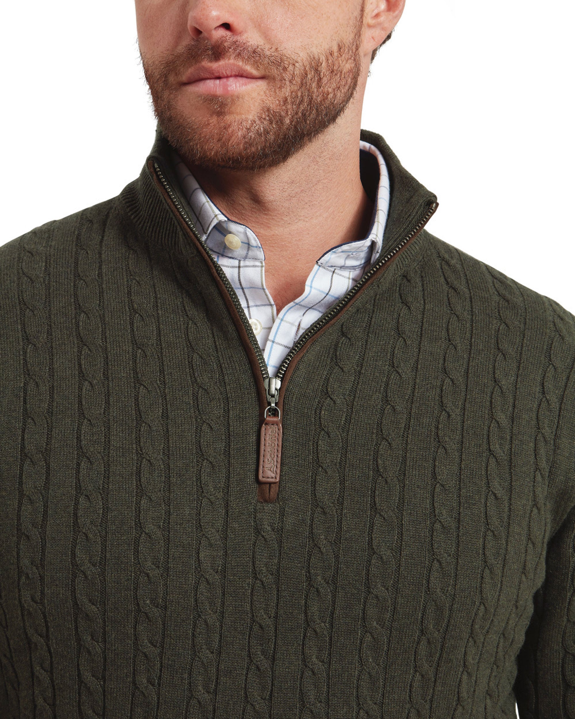 Calton Cotton Cashmere Cable 1/4 Zip Jumper - Loden Green