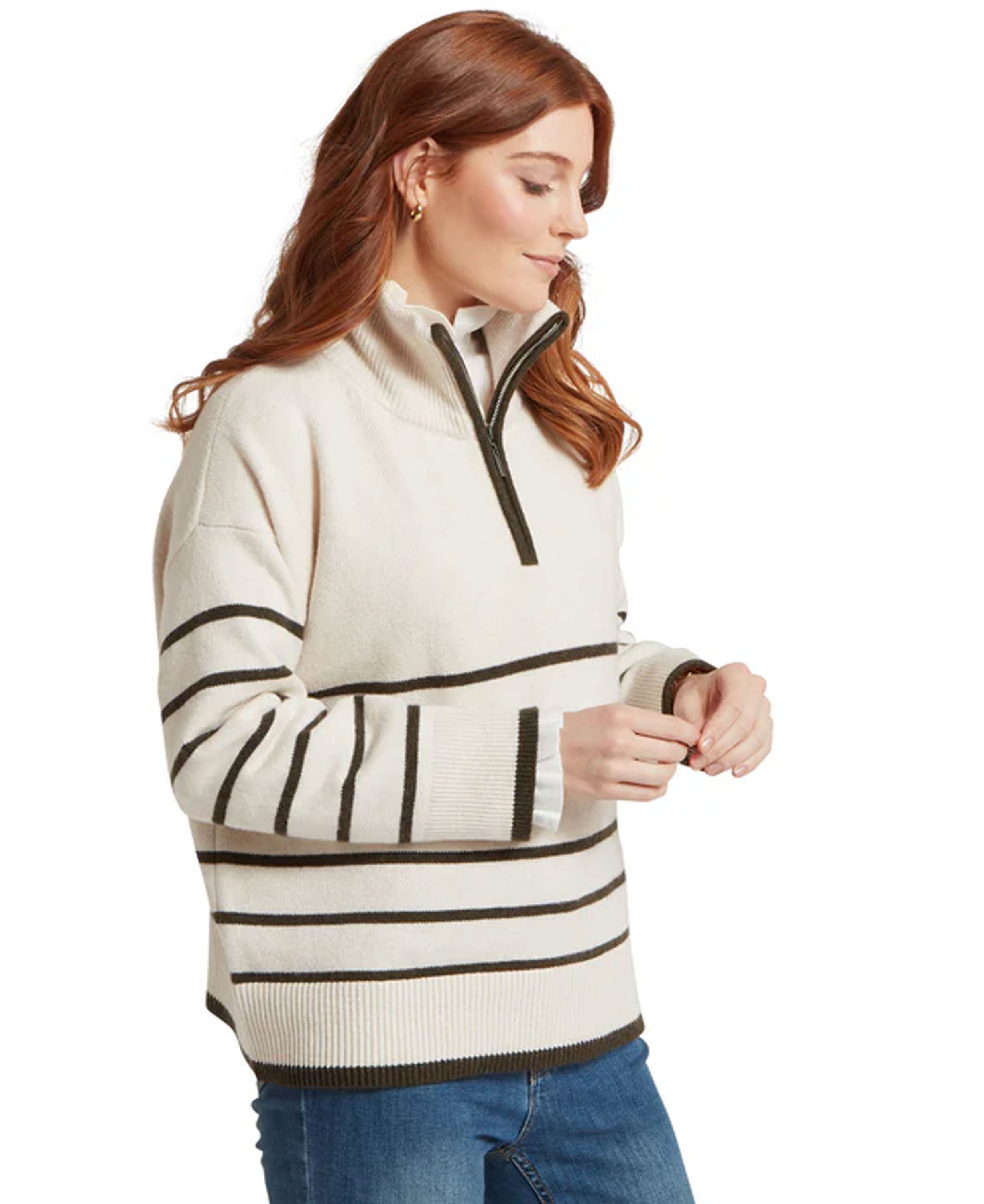 Sandsend 1/4 Zip Jumper - Soft White/Loden