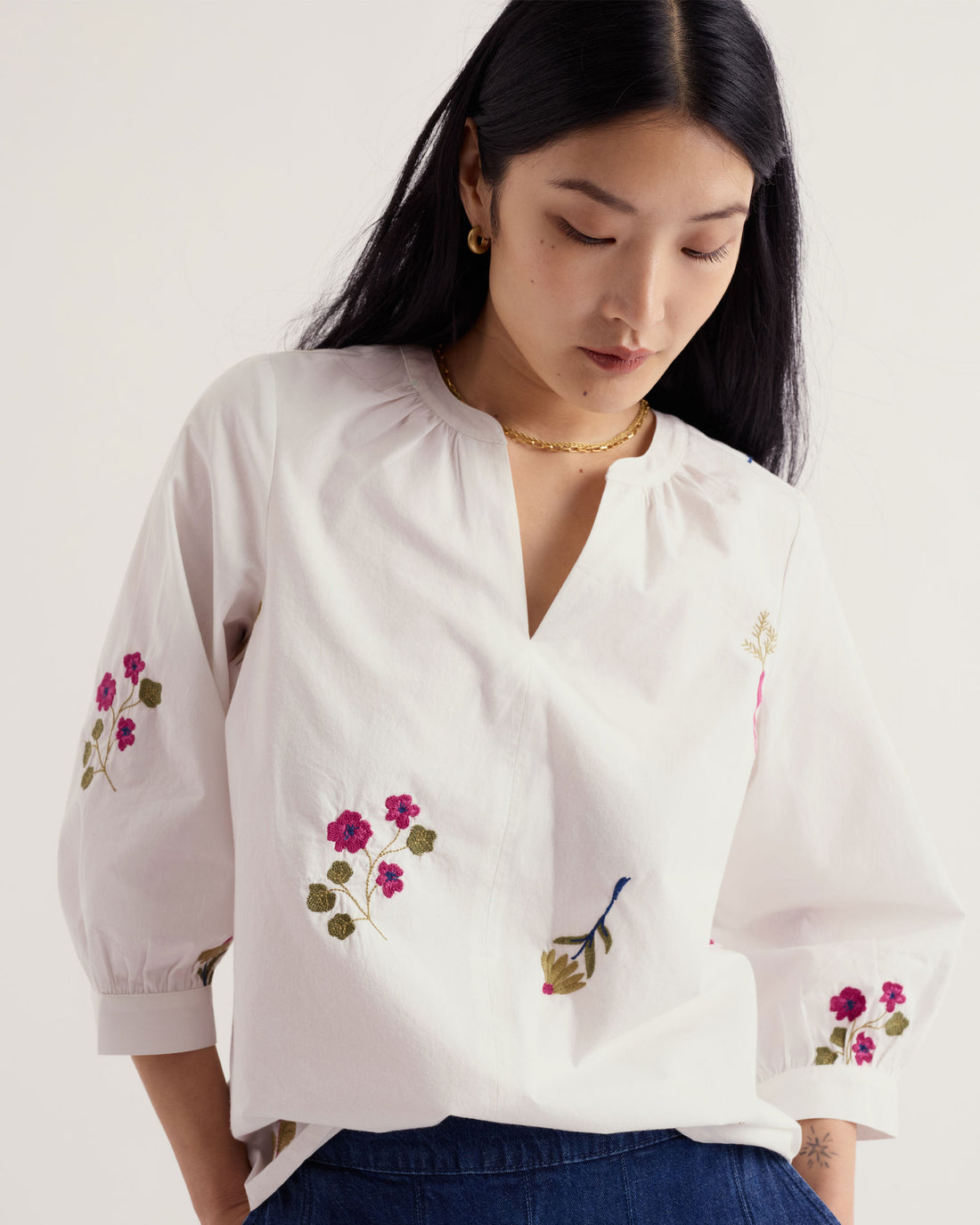 Grace Embroidered Top - Flora Embroidery Chalk