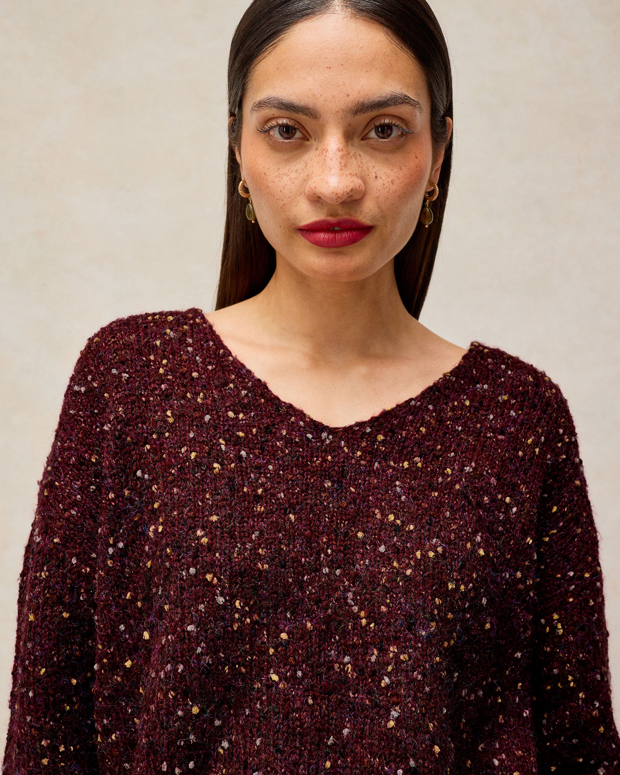 Texture V Neck Jumper - Dark Plum