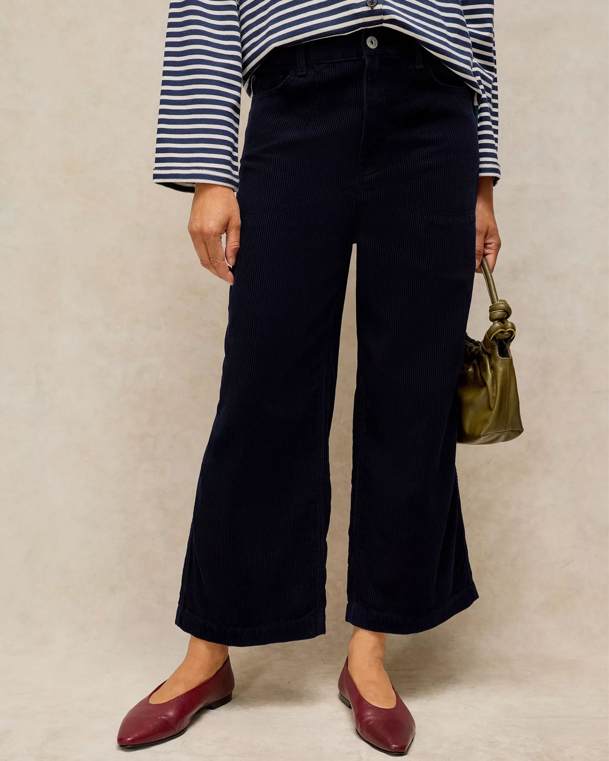Tia Cord Wide Leg Crop Trousers - Dark Navy