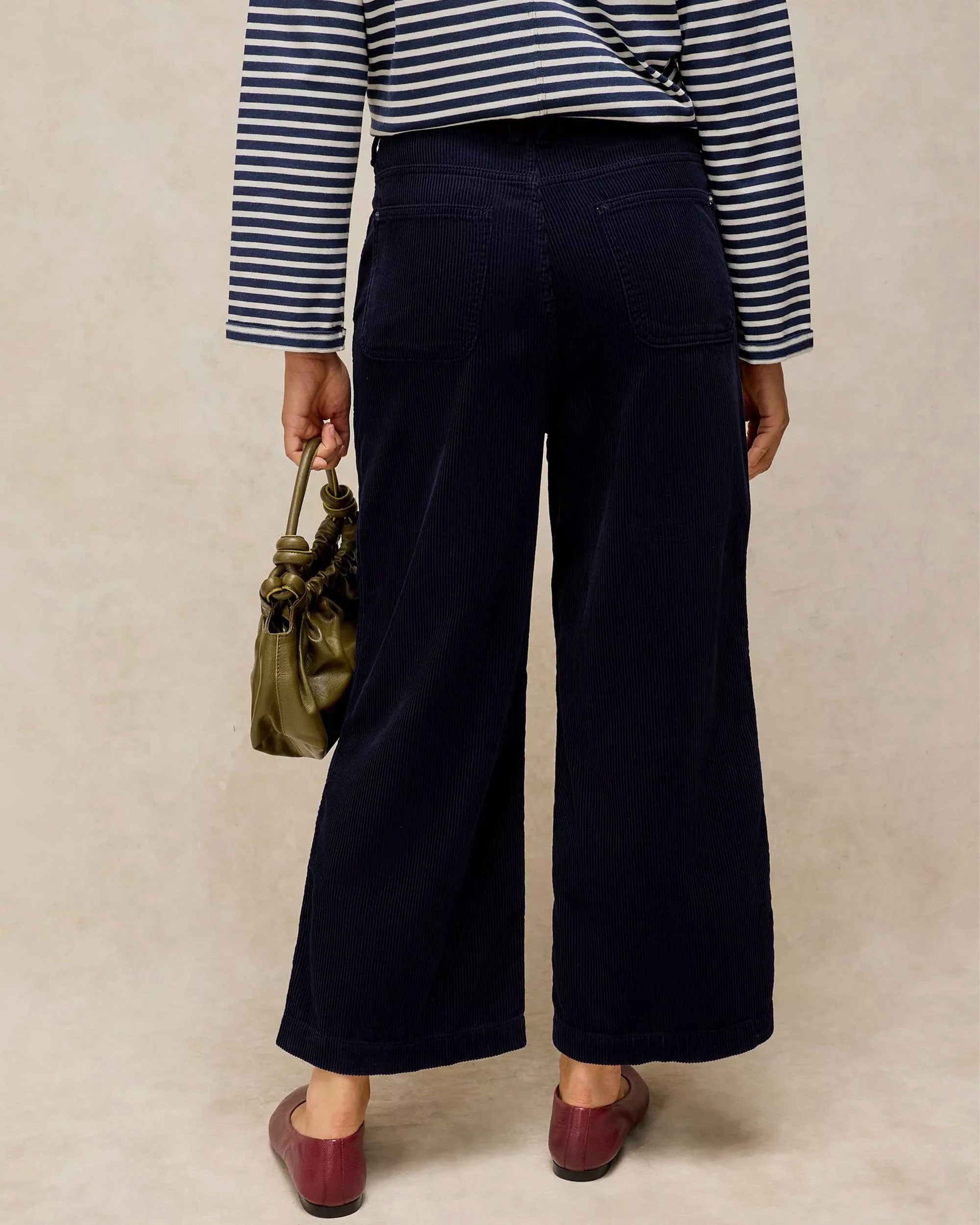 Tia Cord Wide Leg Crop Trousers - Dark Navy