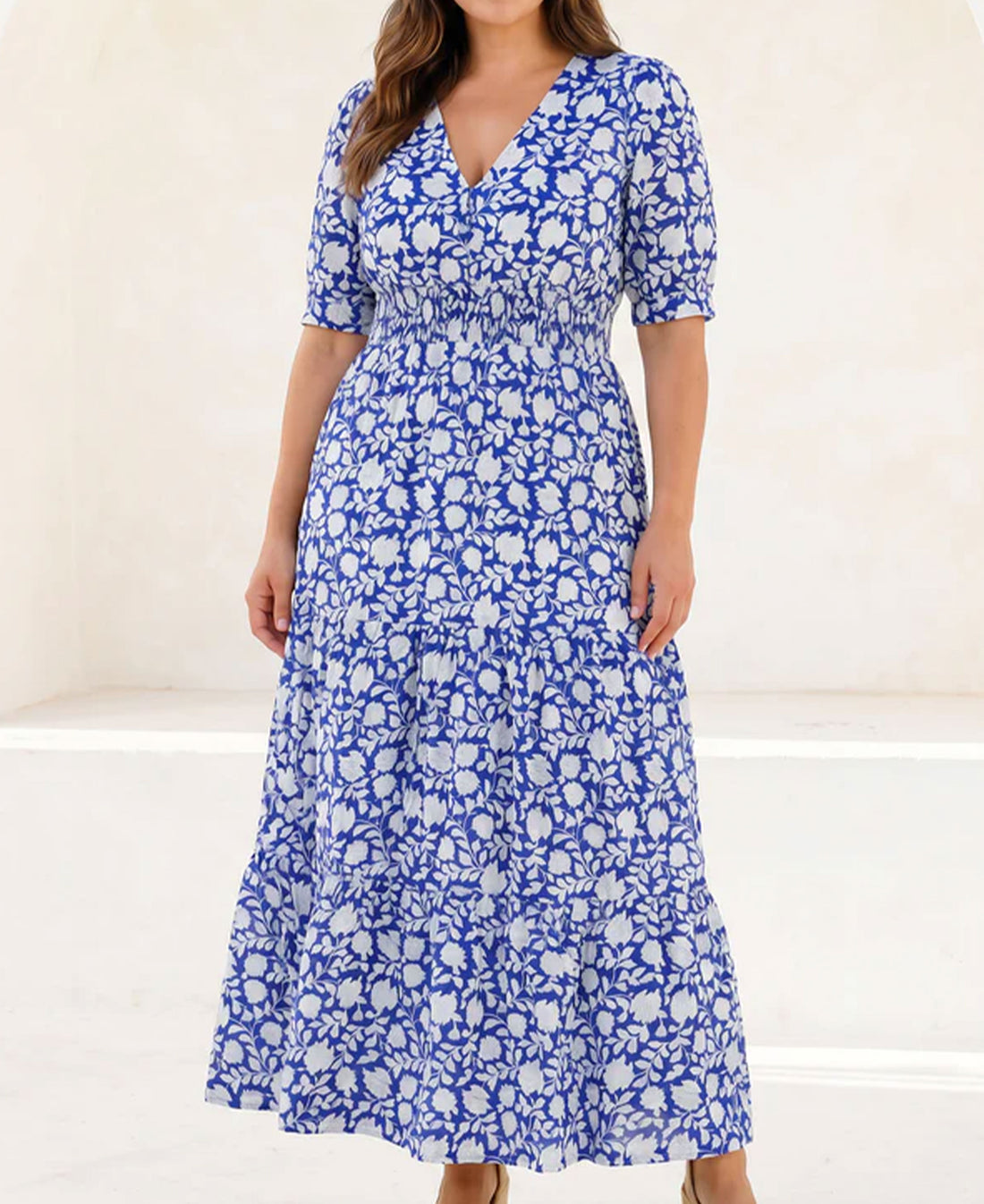 Billie Short Sleeve Organic Cotton Dress - Blue/White Hibiscus