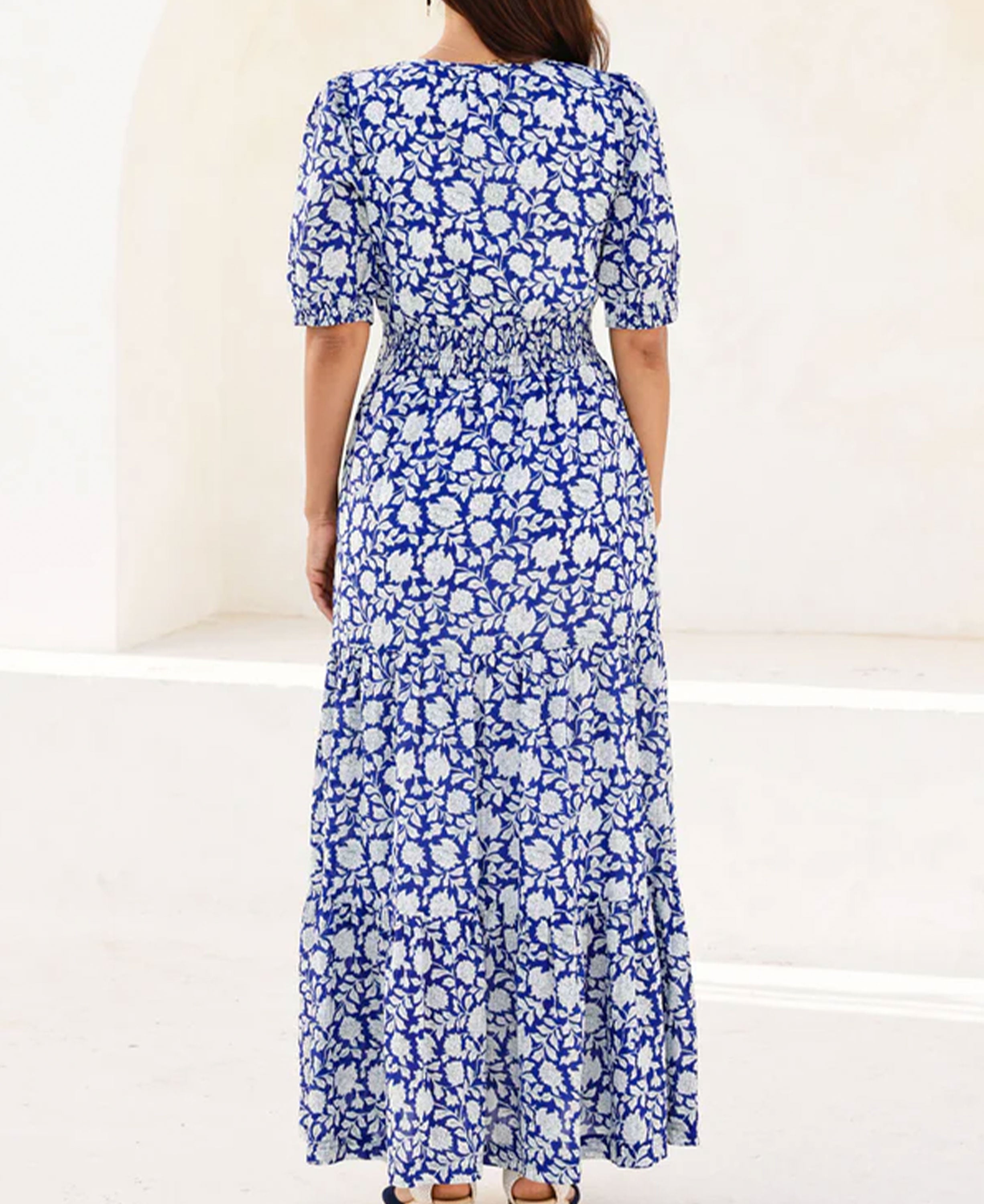 Billie Short Sleeve Organic Cotton Dress - Blue/White Hibiscus