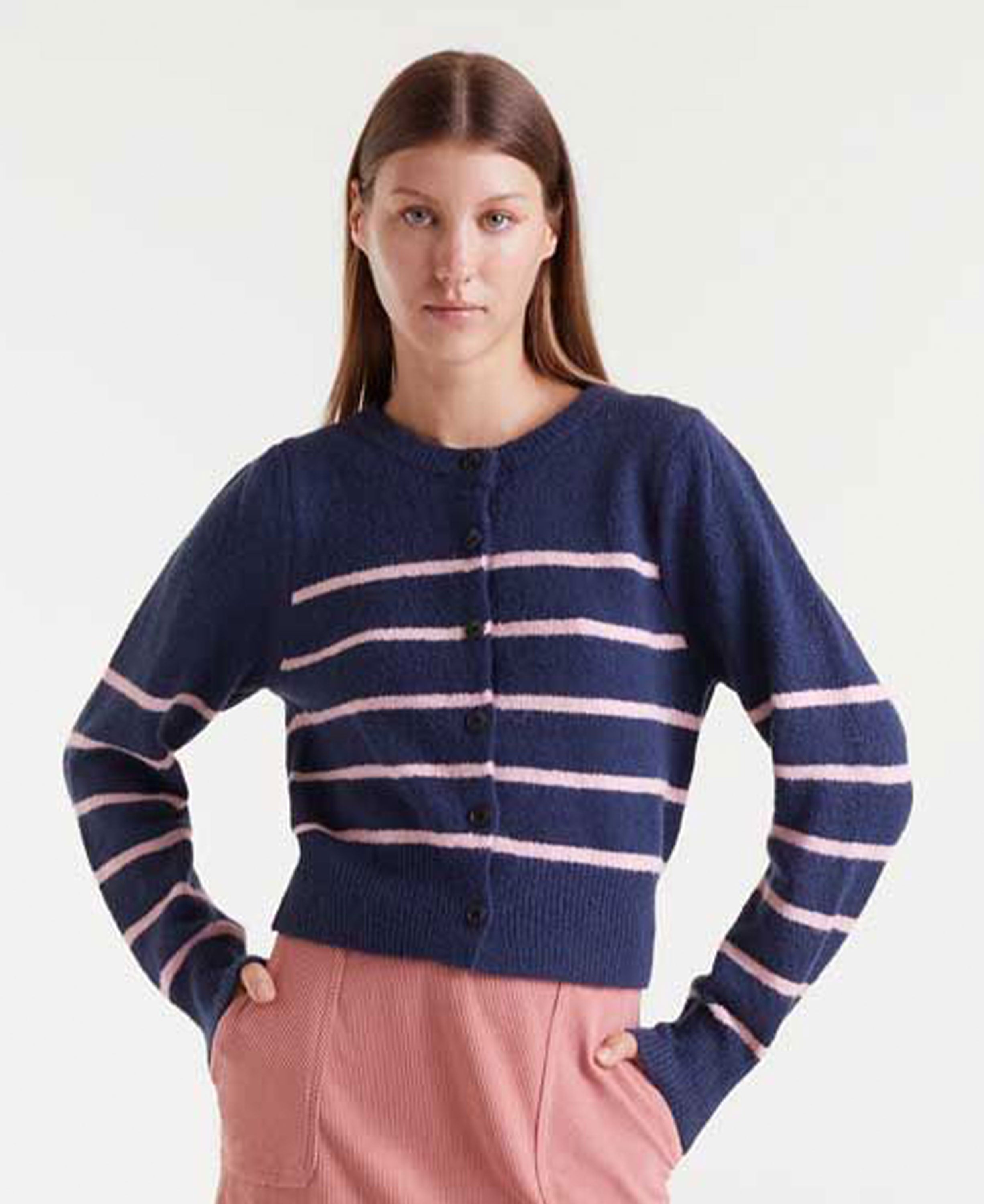 Stripe Cardigan - Navy Blue & Pink