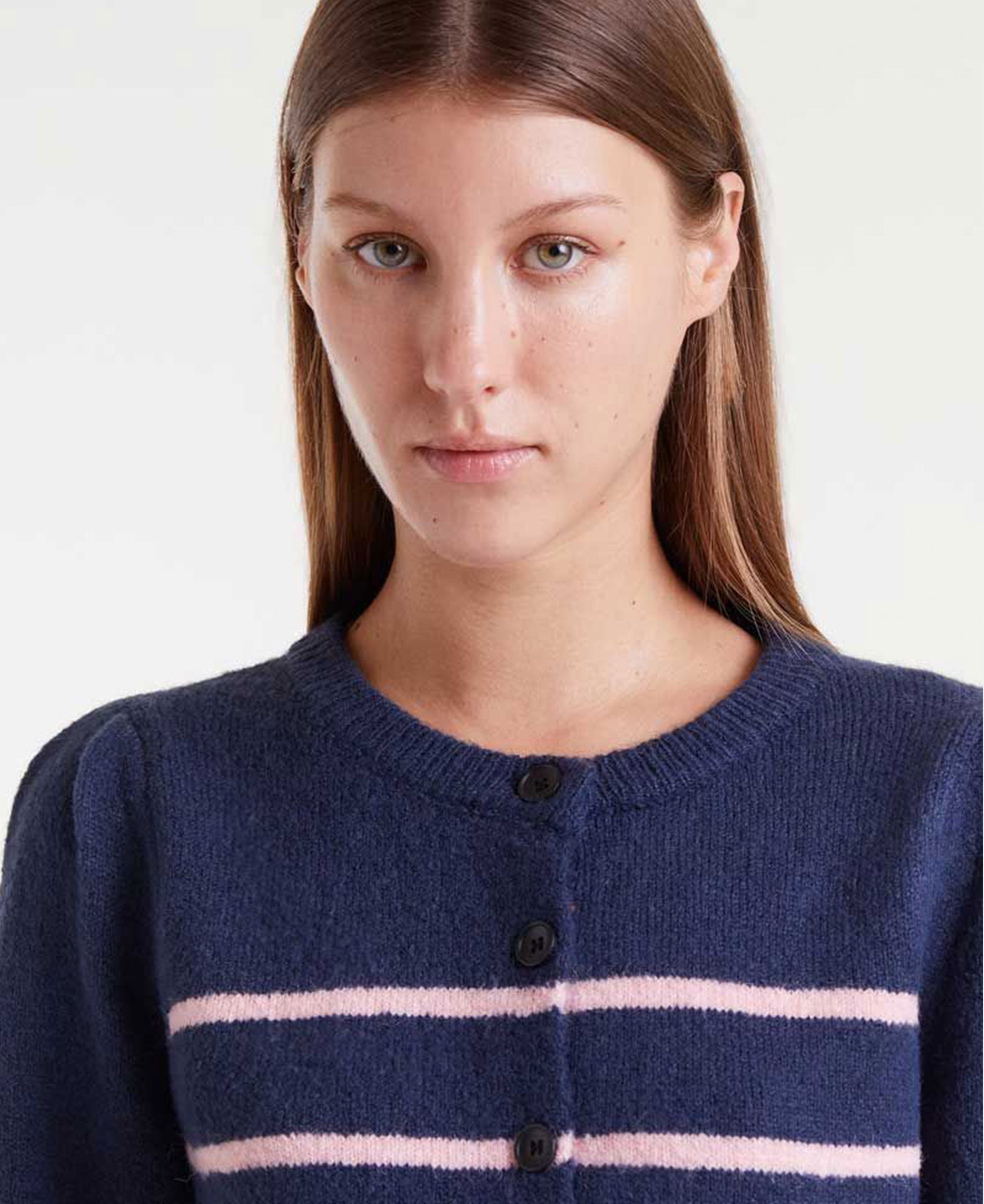 Stripe Cardigan - Navy Blue & Pink