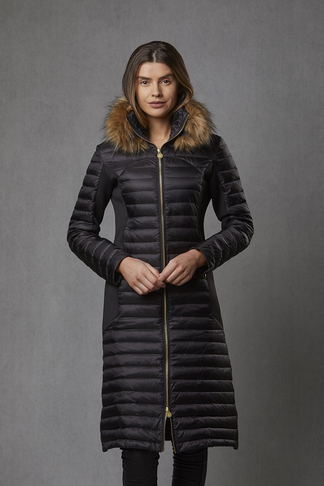 Down-Filled Long Puffer Jacket with Luxe Faux Fur Collar - Navy