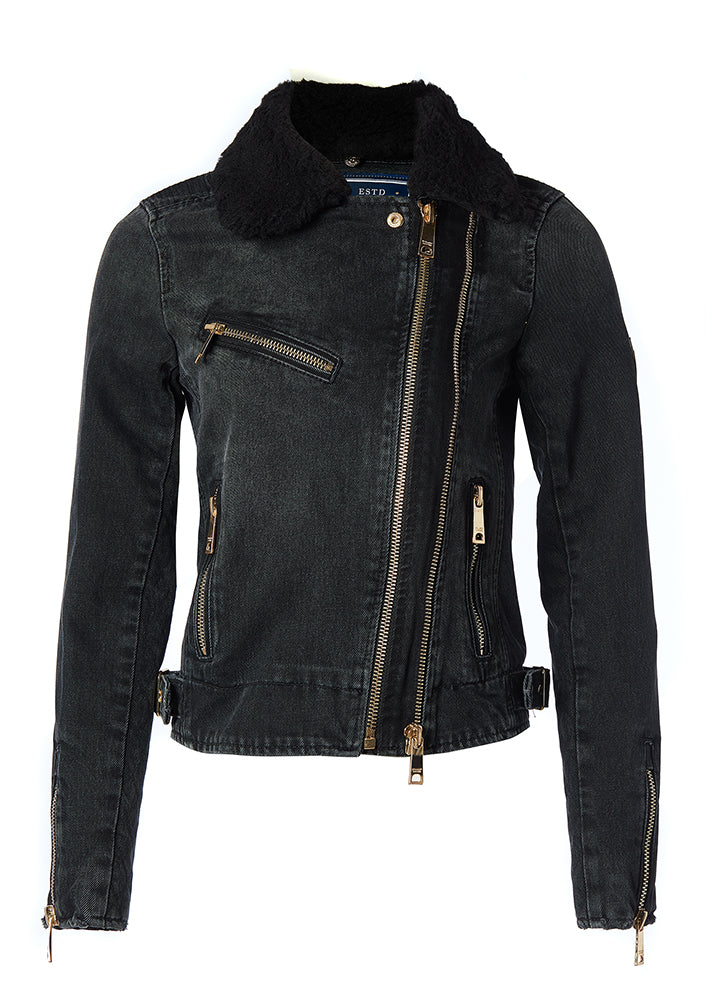Denim Biker Jacket - Washed Black Sherpa