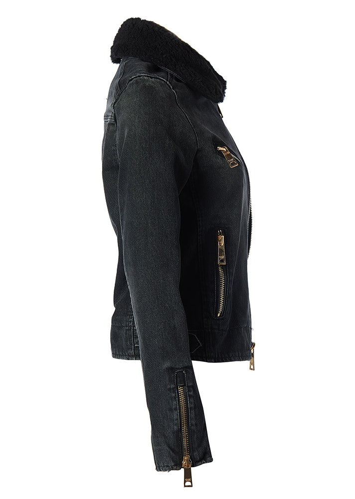 Denim Biker Jacket - Washed Black Sherpa