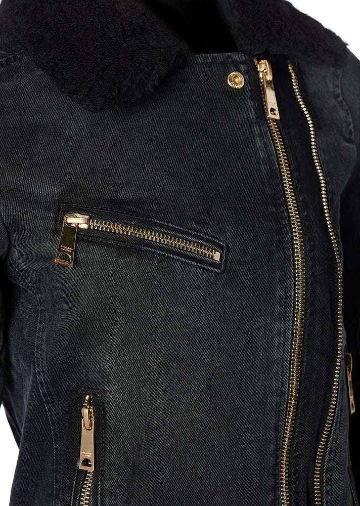 Denim Biker Jacket - Washed Black Sherpa