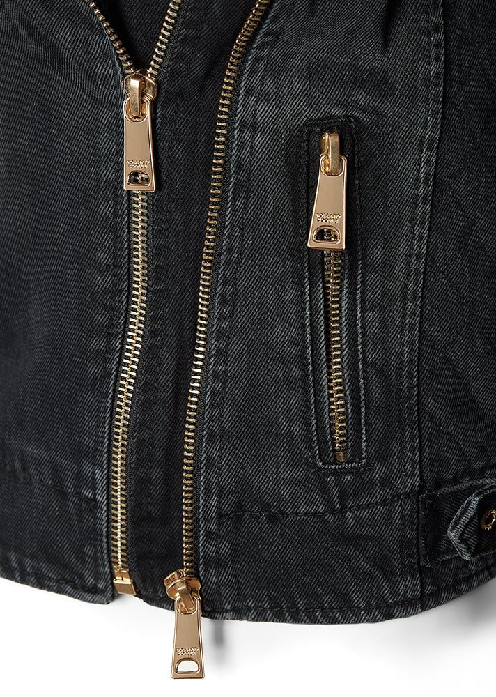 Denim Biker Jacket - Washed Black Sherpa