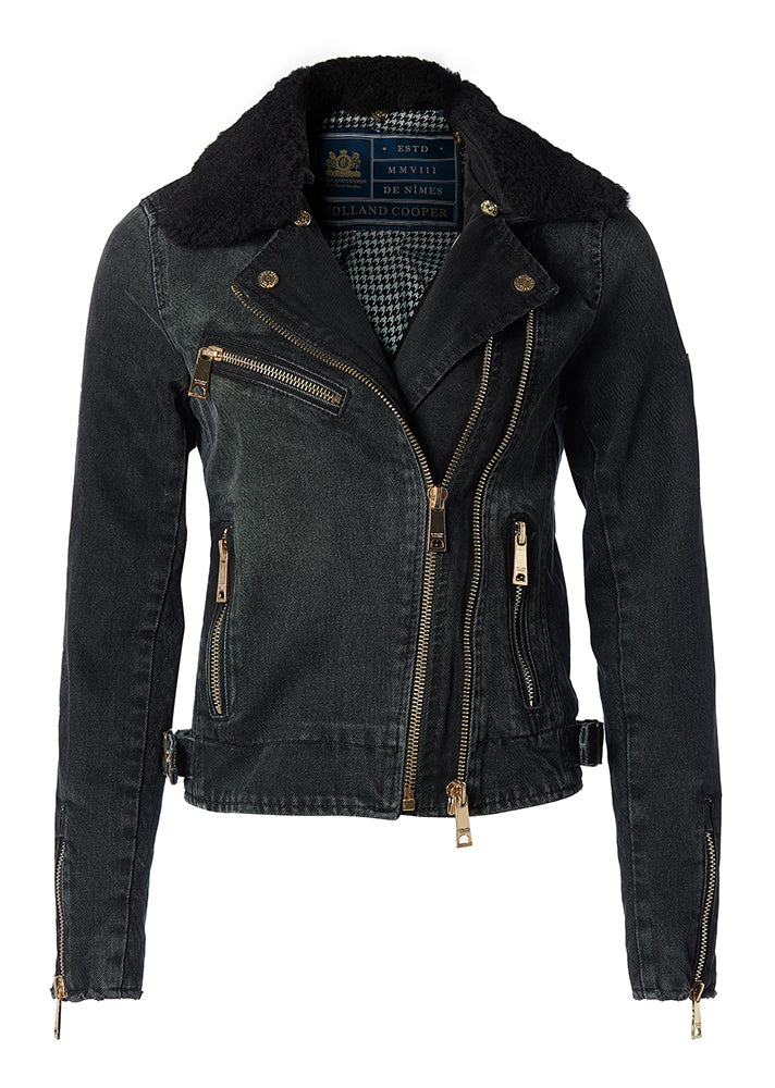 Denim Biker Jacket - Washed Black Sherpa