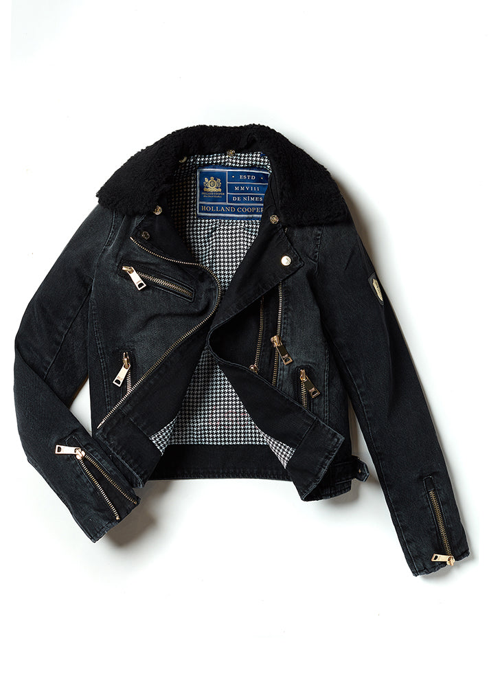 Denim Biker Jacket - Washed Black Sherpa