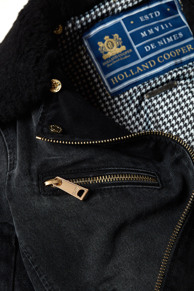 Denim Biker Jacket - Washed Black Sherpa