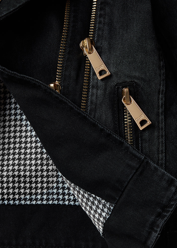 Denim Biker Jacket - Washed Black Sherpa