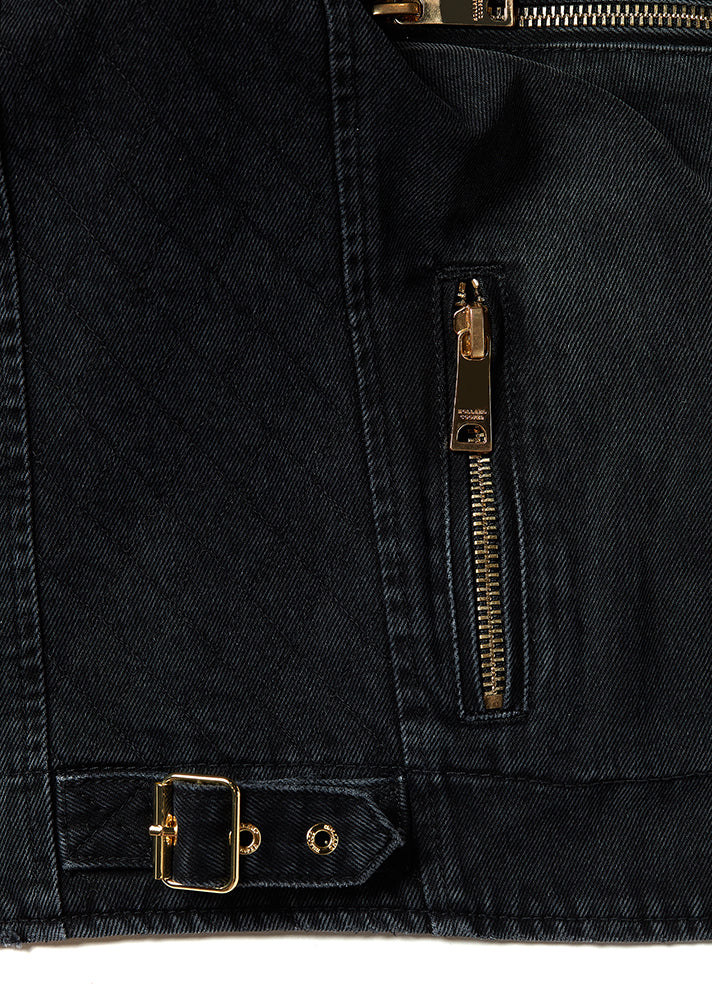 Denim Biker Jacket - Washed Black Sherpa