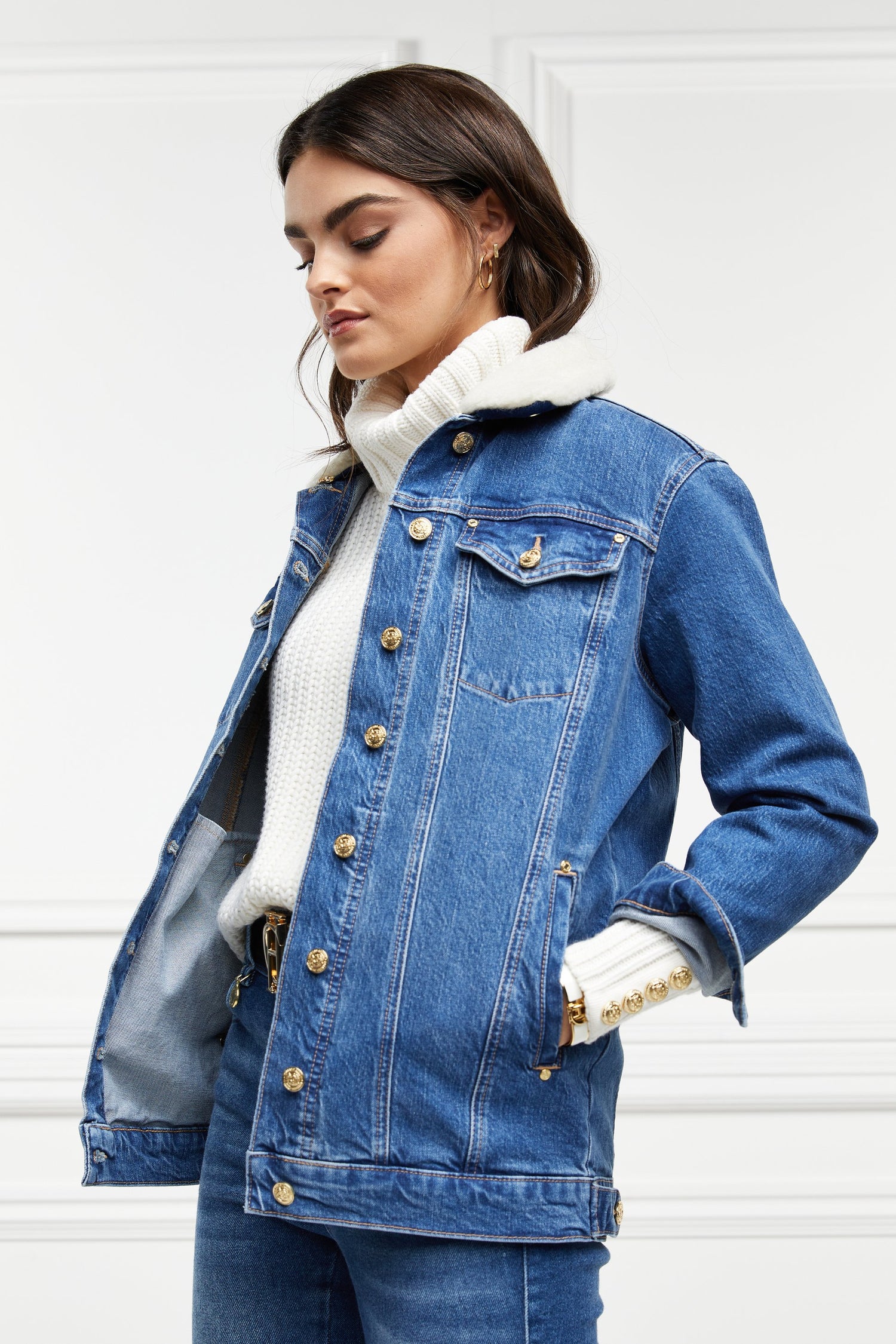 Longline Denim Jacket - Classic Indigo Sherpa