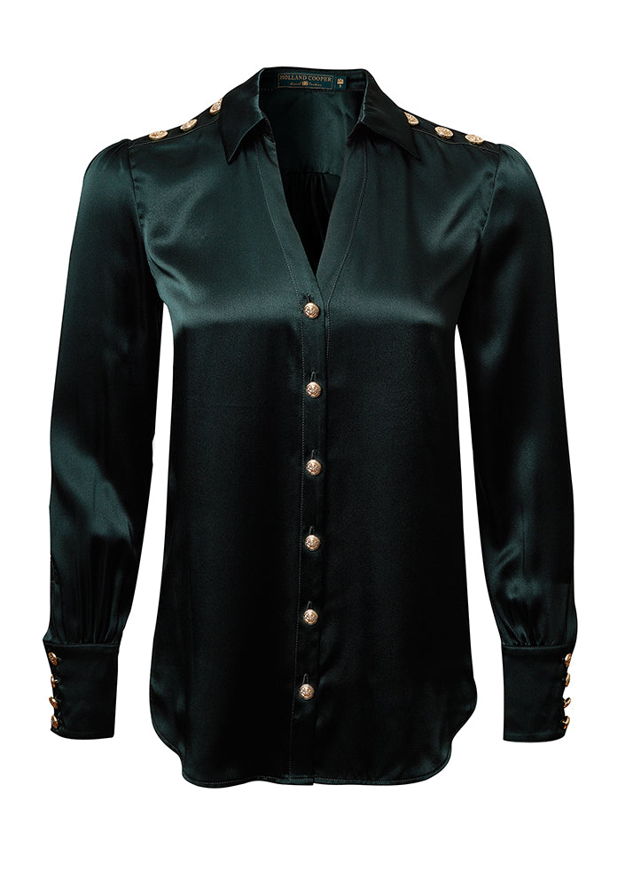Silk V-Neck Blouse - Emerald Green