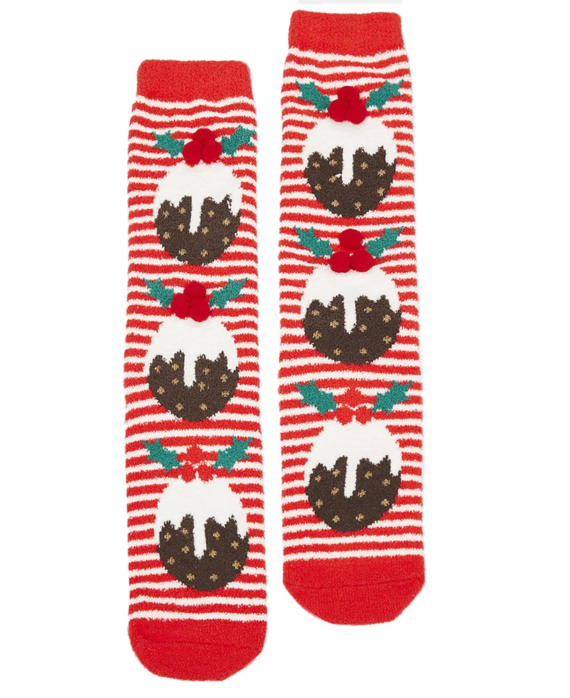 Festive Fluffy Socks - Red Xmas Pudding