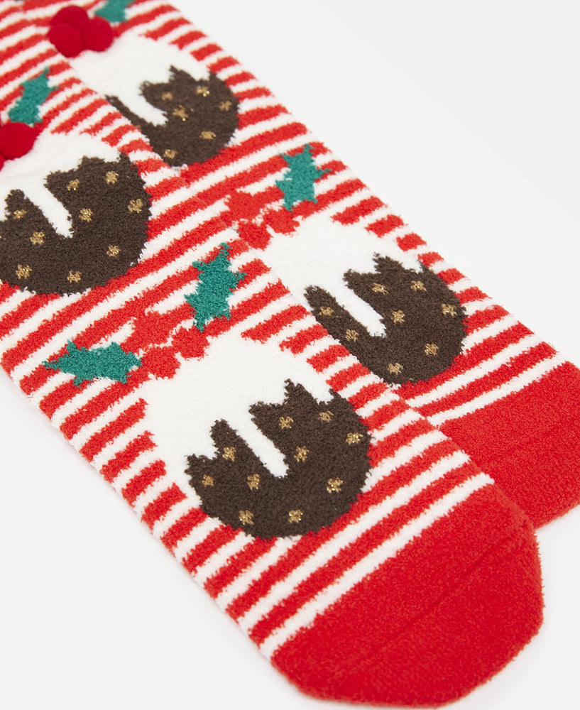 Festive Fluffy Socks - Red Xmas Pudding