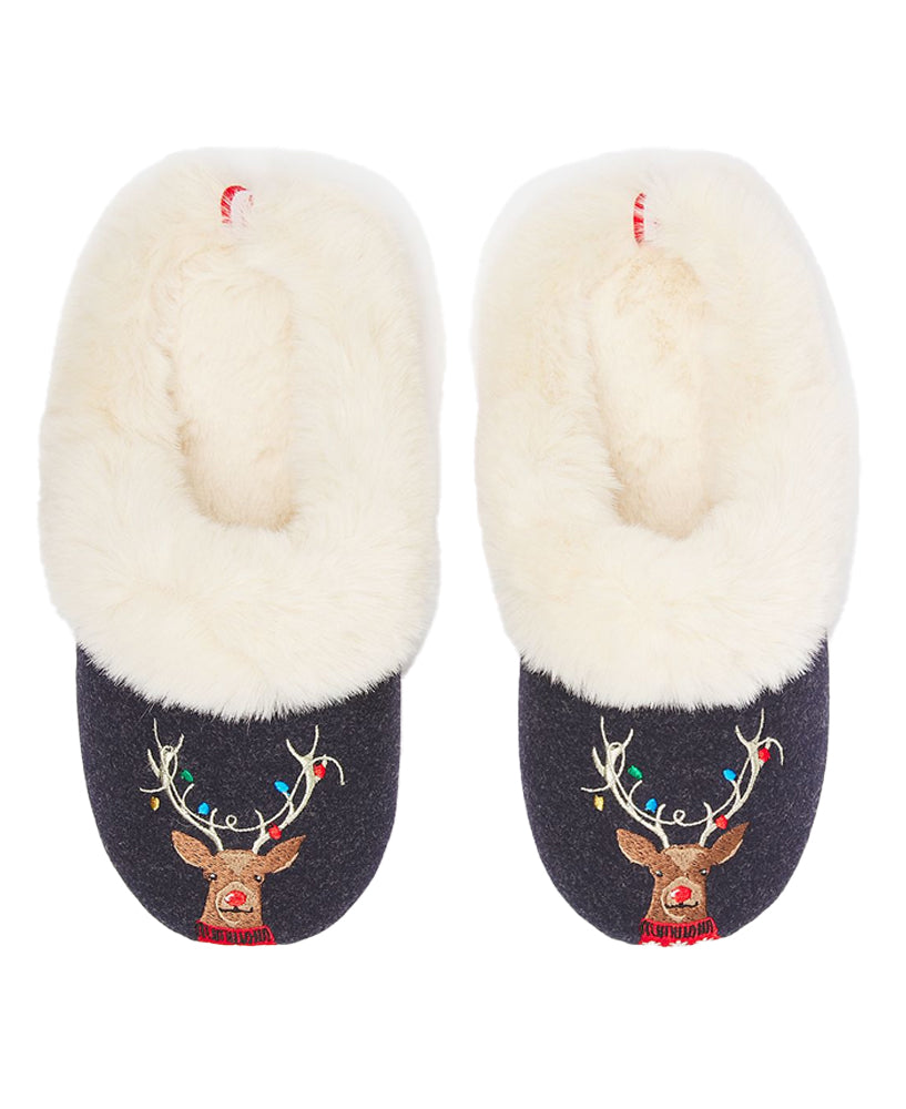 Slippet Luxe Slip On Character Slippers - Navy Reindeer