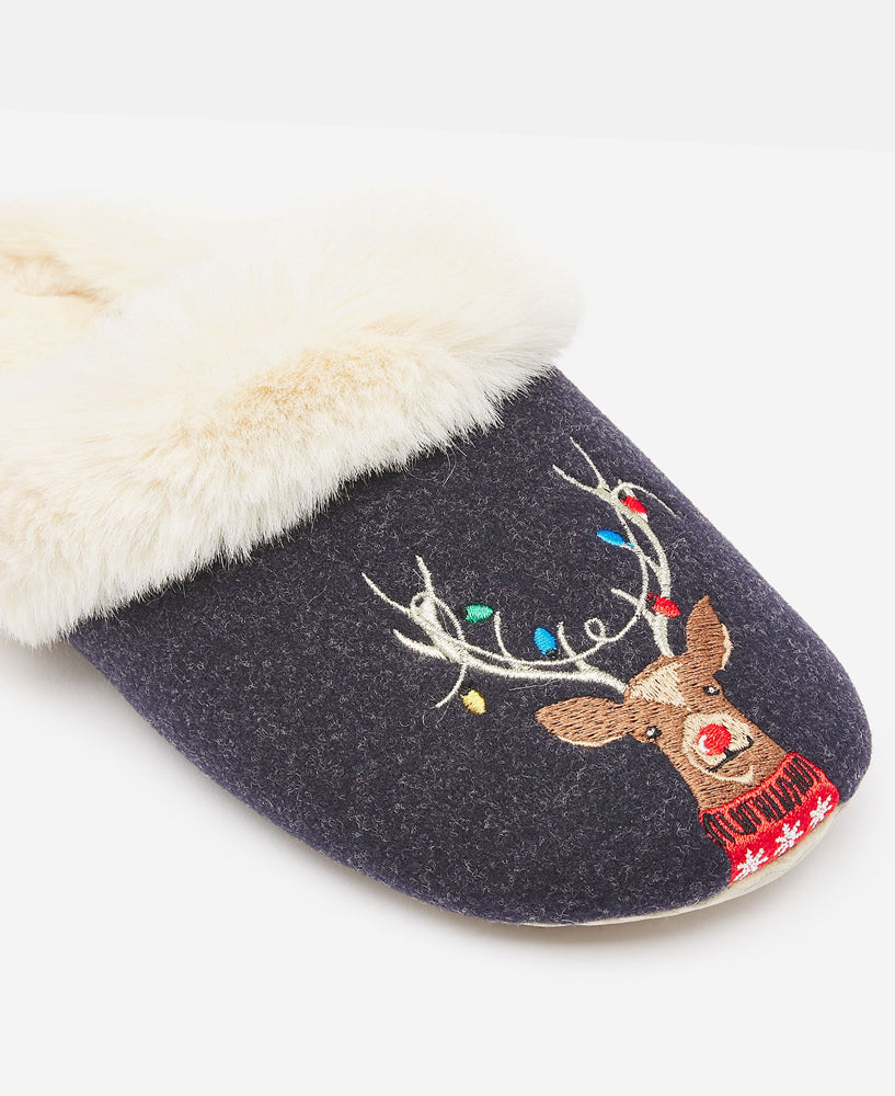 Slippet Luxe Slip On Character Slippers - Navy Reindeer