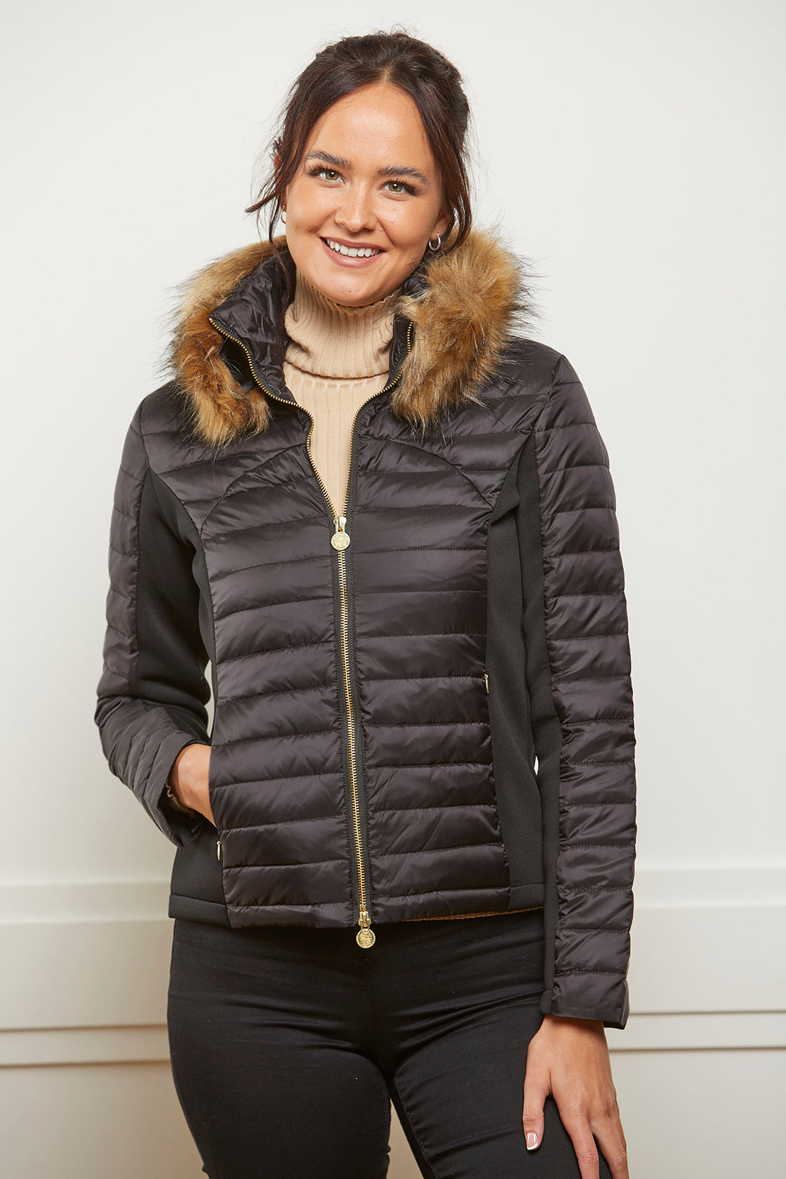 Down Puffer Jacket with Luxe Faux Fur Collar - Black
