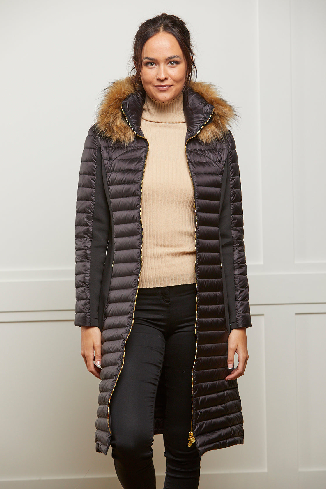 Down-Filled Long Puffer Jacket with Luxe Faux Fur Collar - Black