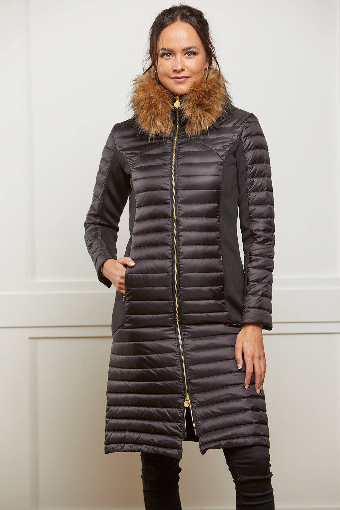 Down-Filled Long Puffer Jacket with Luxe Faux Fur Collar - Black