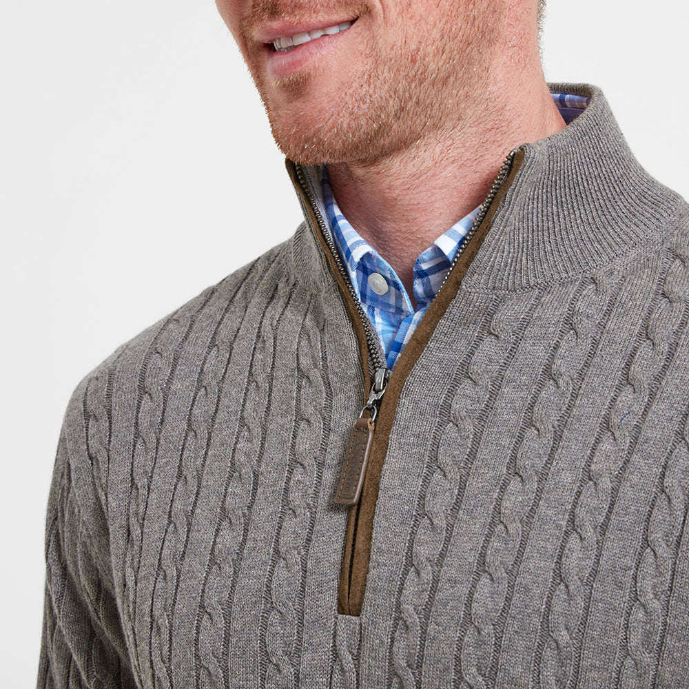 Cotton Cashmere 1/4 Zip Cable Knit Jumper - Mole