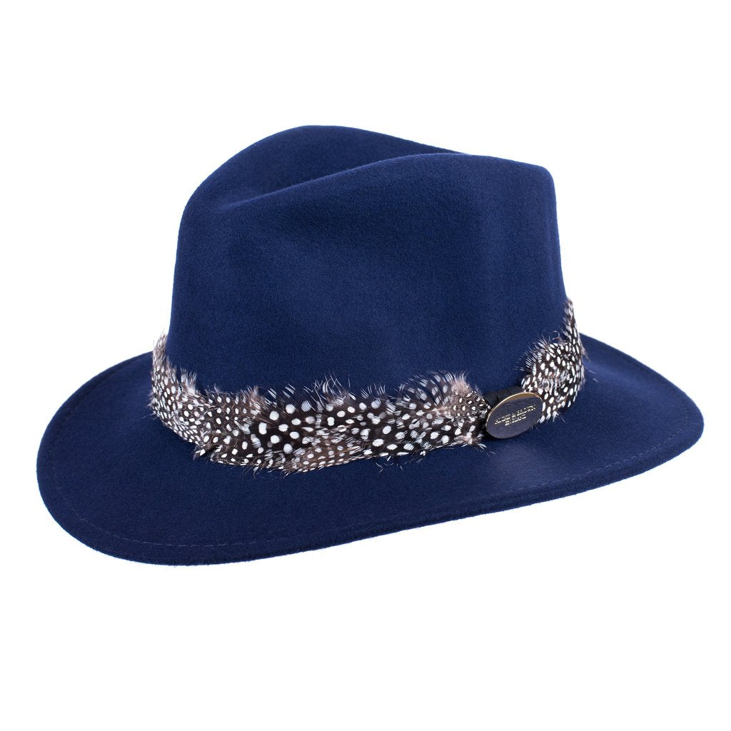 Suffolk Fedora - Navy Guinea Fowl Feather Wrap