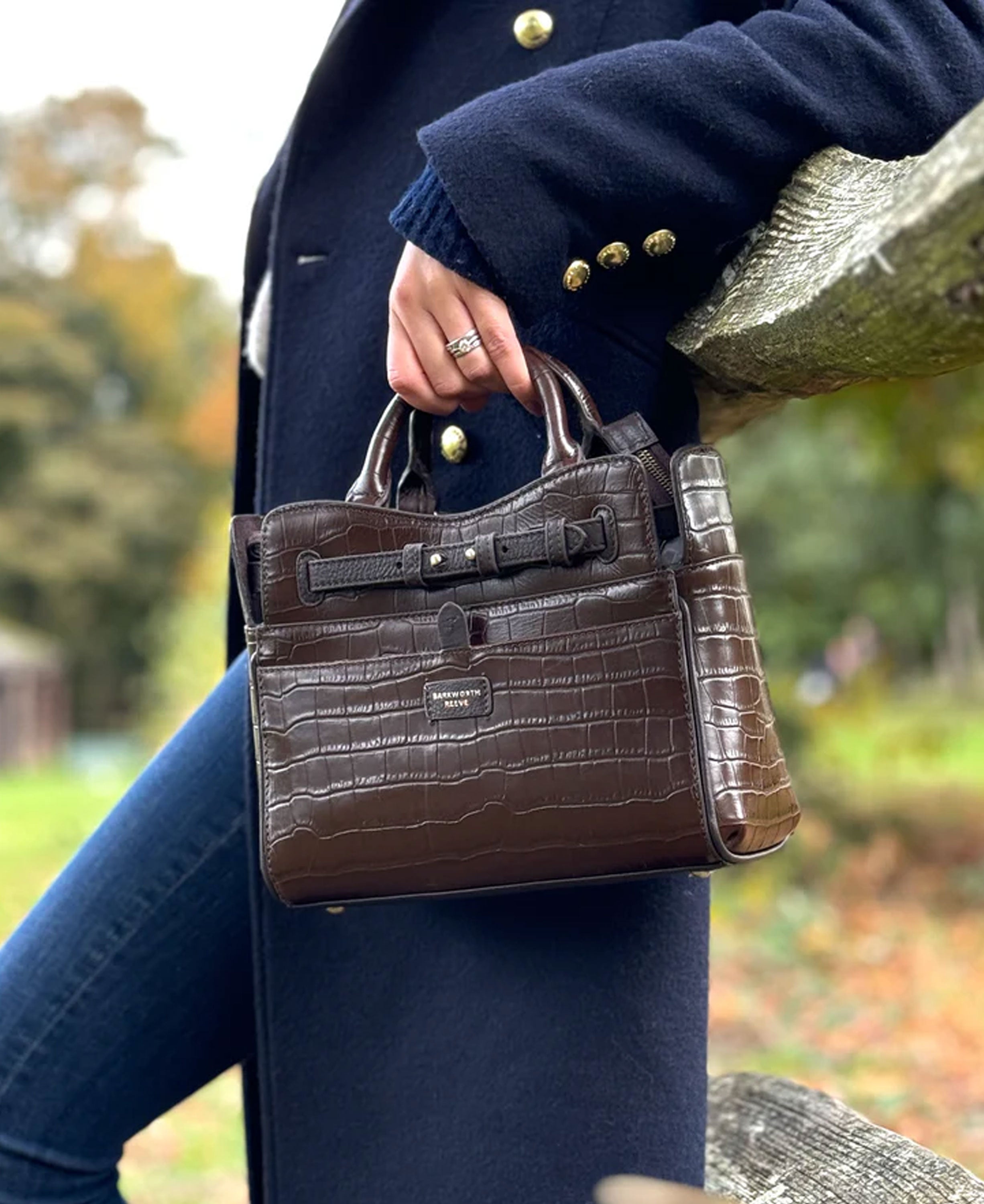 Ambridge Leather Handheld Bag w/Shoulder Strap - Chocolate Leather Croc