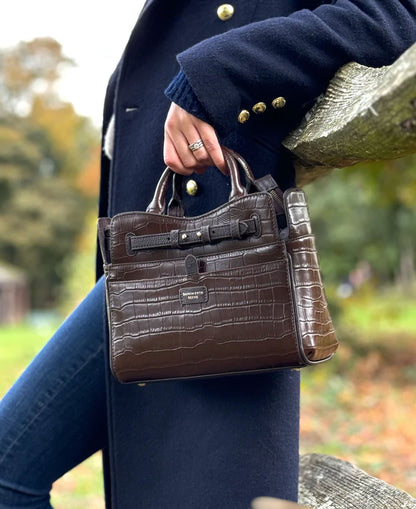 Ambridge Leather Handheld Bag w/Shoulder Strap - Chocolate Leather Croc