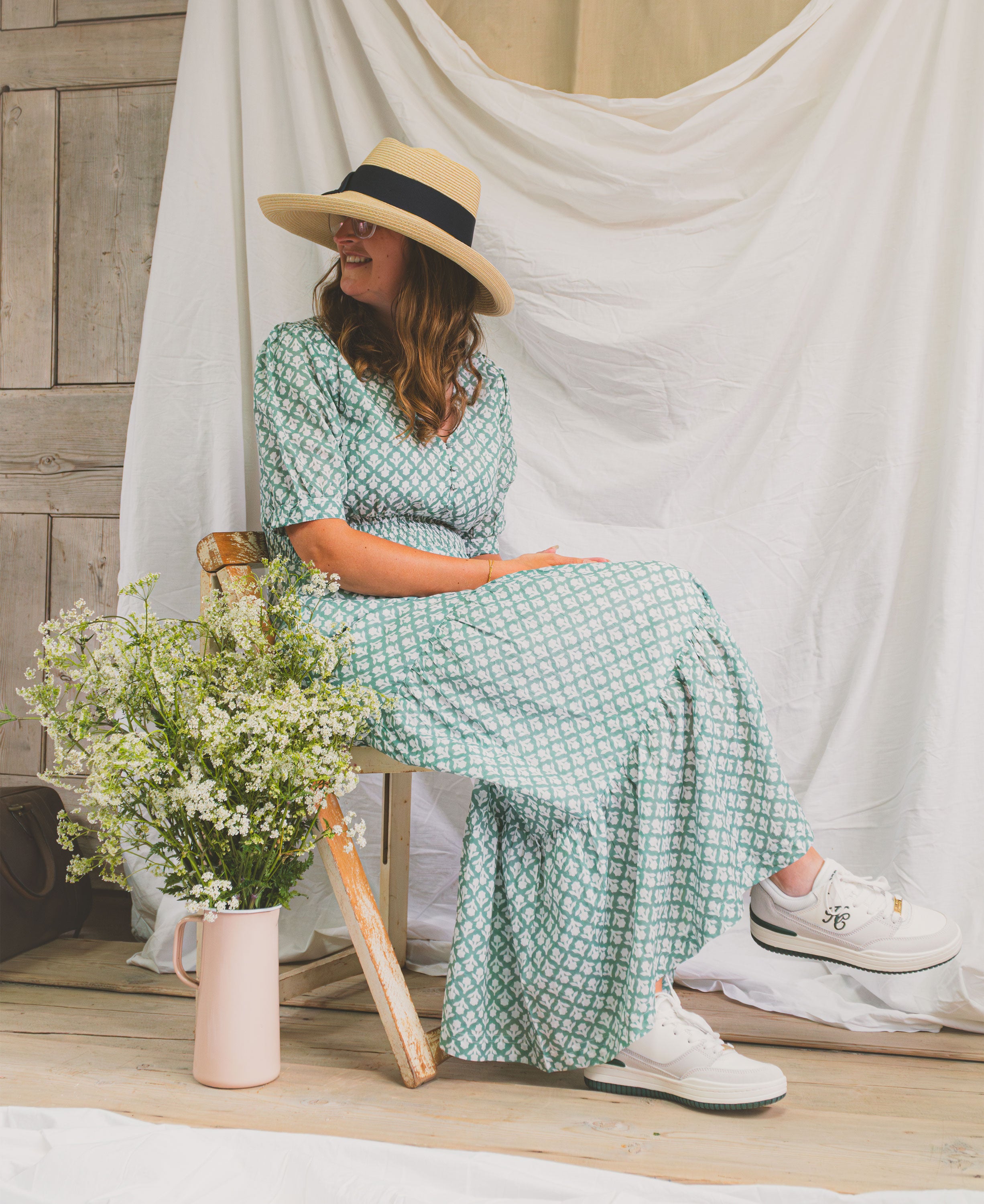 Billie Short Sleeve Organic Cotton Dress - Flower Stamp Sage/White
