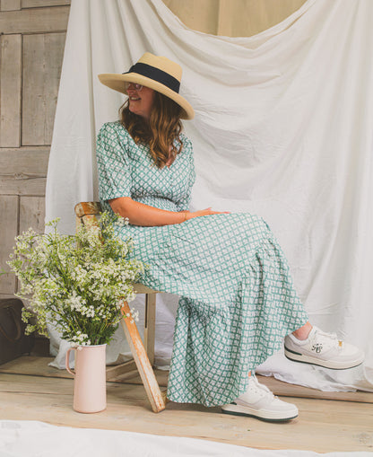 Billie Short Sleeve Organic Cotton Dress - Flower Stamp Sage/White