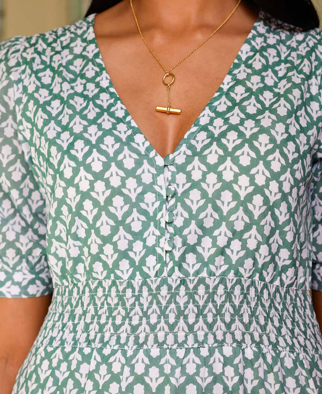 Billie Short Sleeve Organic Cotton Dress - Flower Stamp Sage/White