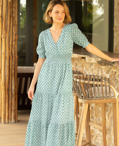 Billie Short Sleeve Organic Cotton Dress - Flower Stamp Sage/White