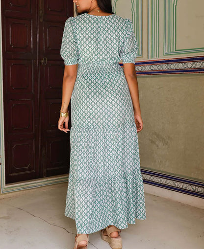 Billie Short Sleeve Organic Cotton Dress - Flower Stamp Sage/White