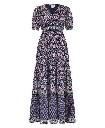 Billie Short Sleeve Organic Cotton Dress - Primrose Stamp Navy/Pink