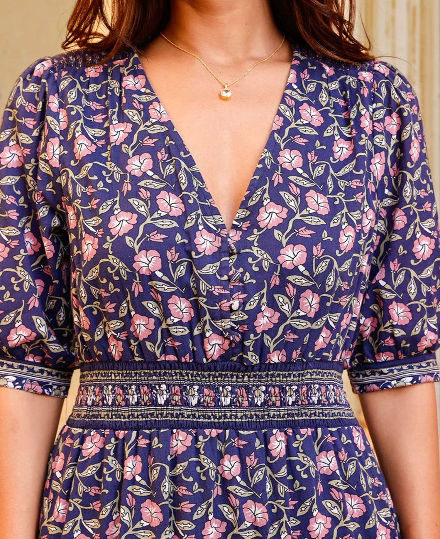 Billie Short Sleeve Organic Cotton Dress - Primrose Stamp Navy/Pink