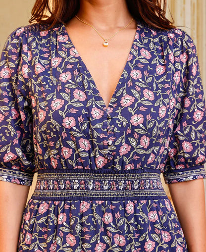 Billie Short Sleeve Organic Cotton Dress - Primrose Stamp Navy/Pink