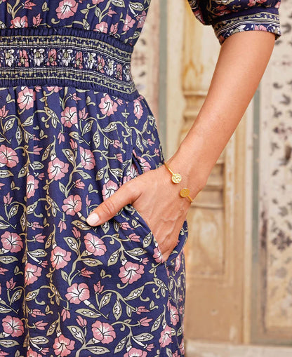 Billie Short Sleeve Organic Cotton Dress - Primrose Stamp Navy/Pink