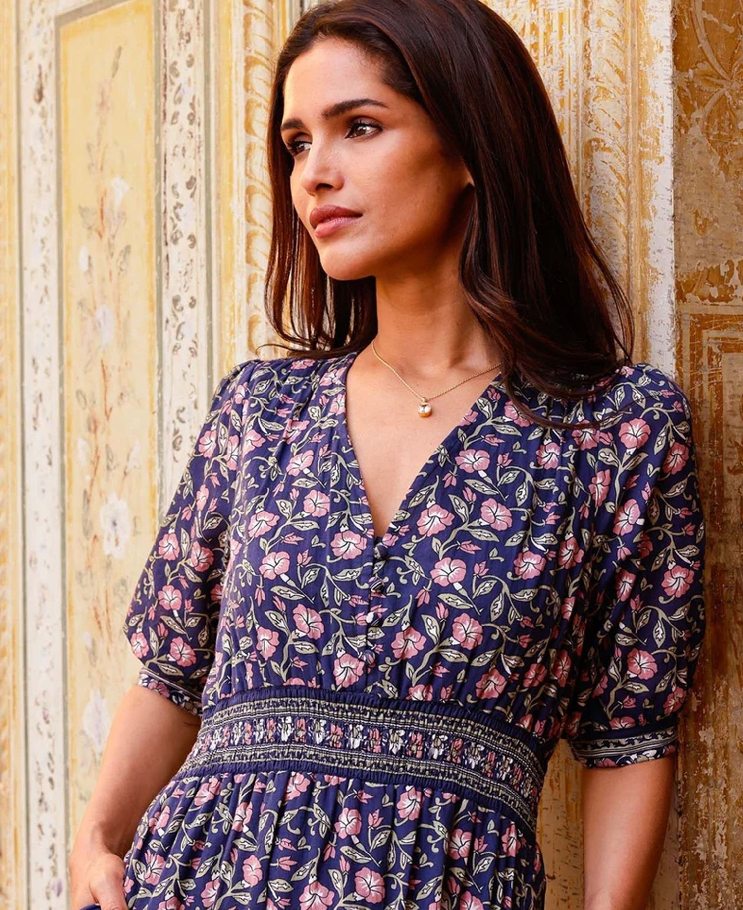 Billie Short Sleeve Organic Cotton Dress - Primrose Stamp Navy/Pink
