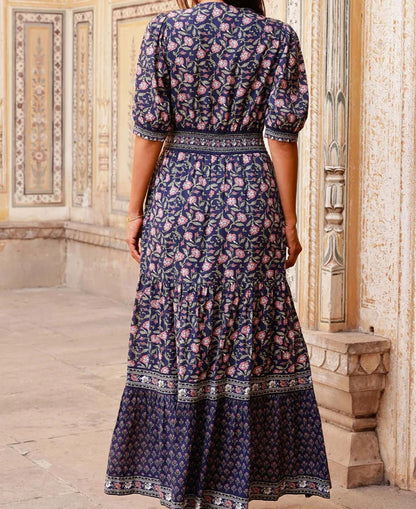 Billie Short Sleeve Organic Cotton Dress - Primrose Stamp Navy/Pink